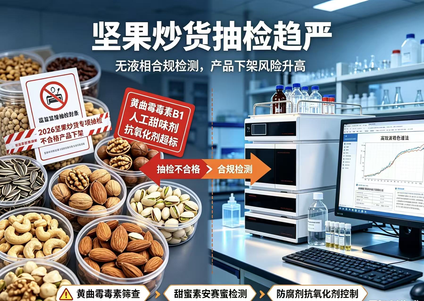2026 炒货行业严监管，坚果抽检不合格频发！黄曲霉毒素重灾区，液相检测成出厂硬性要求